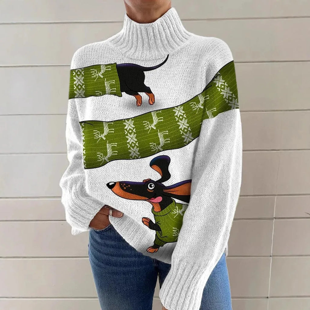 Women's Christmas printed turtleneck sweater in loose fit with festive painting pattern design