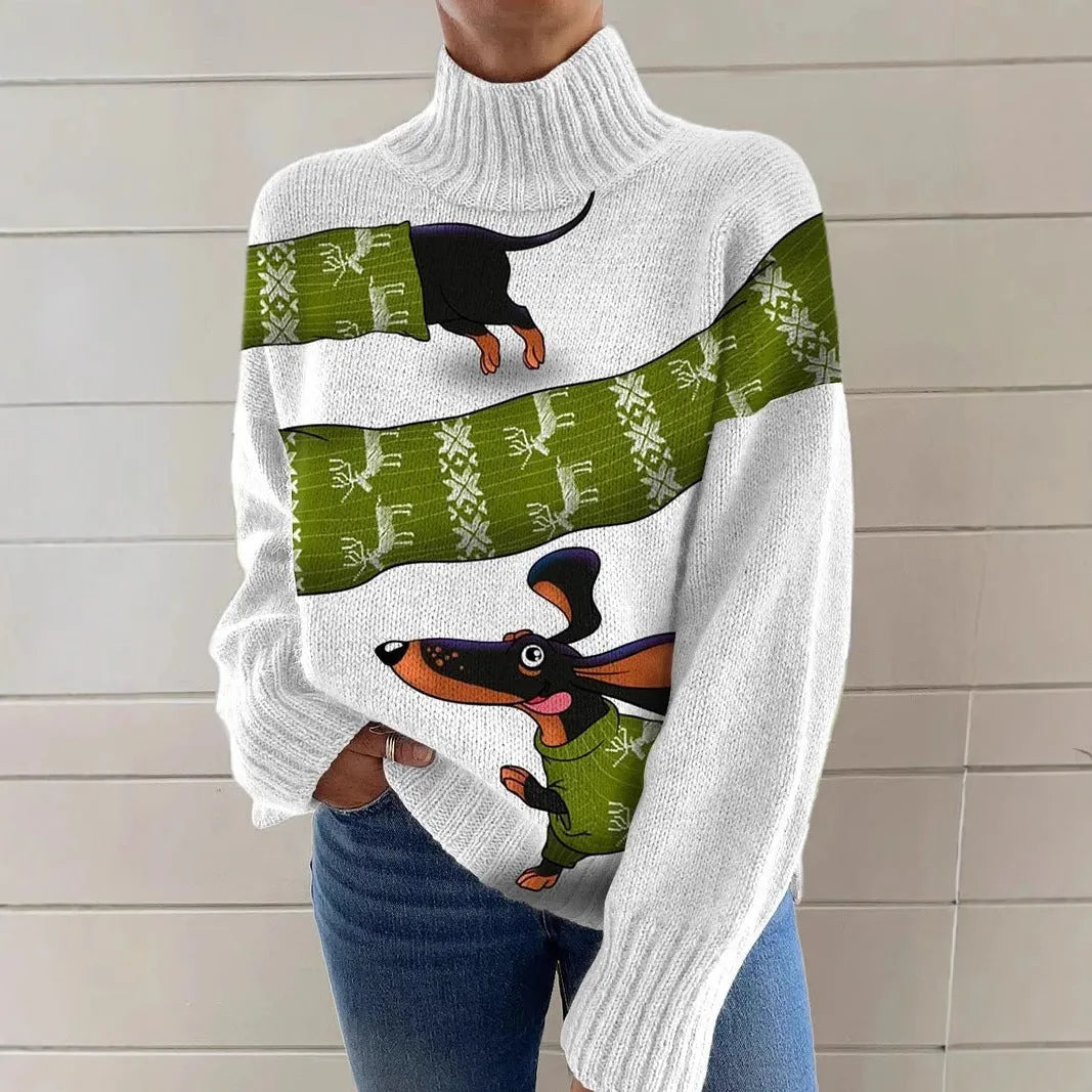 Women's Christmas printed turtleneck sweater in loose fit with festive painting pattern design
