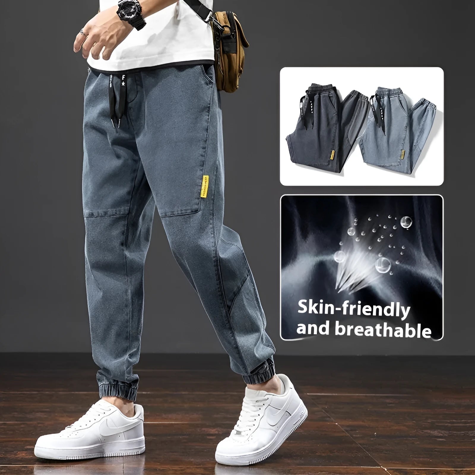 Men's loose cargo casual jeans in straight leg Korean style with micro elasticity cotton fabric