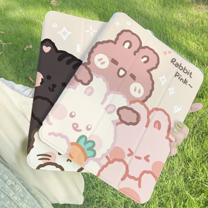 Silicone tri-fold protective case for iPad with cartoon rabbit design shown in flat and standing positions