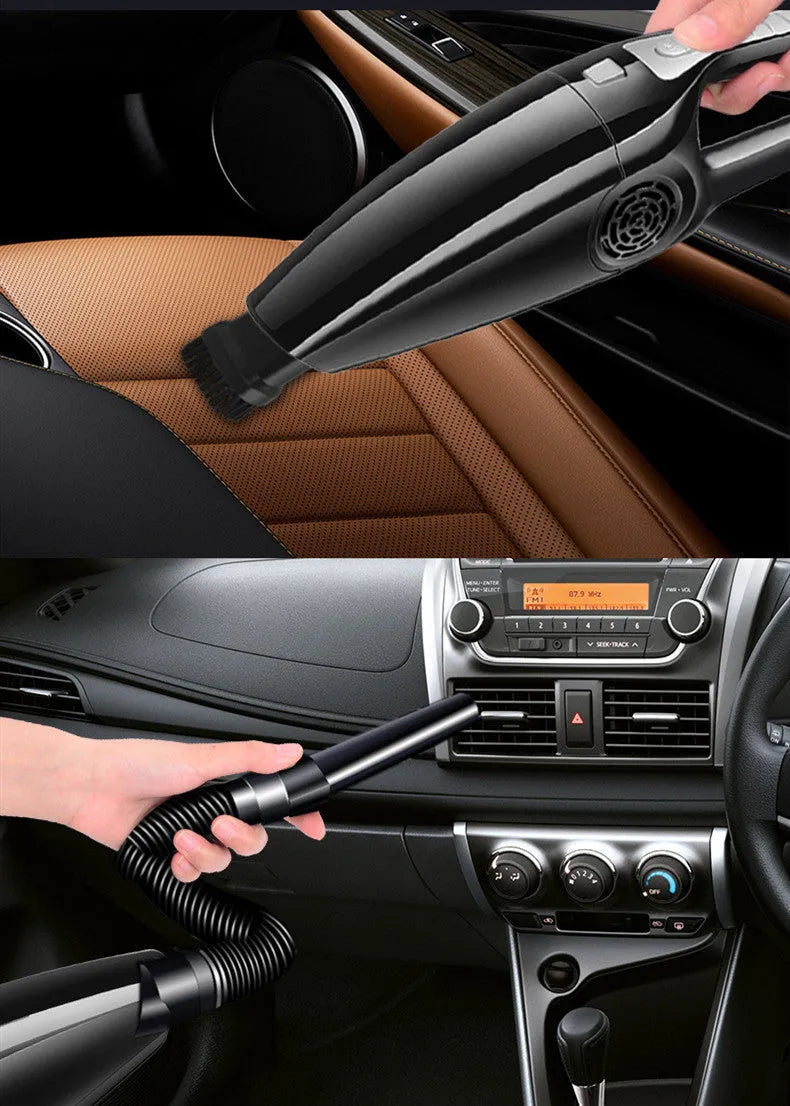 Black and orange car vacuum cleaner with cigarette lighter plug showing 120W power rating