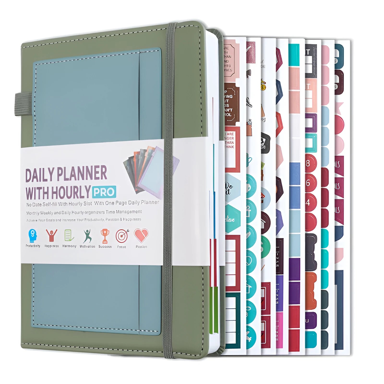 No-date notebook with elastic strap closure shown in purple, matcha green, and pink colour options