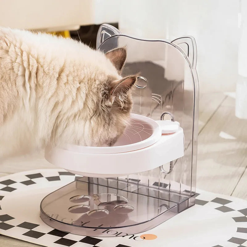 Grey adjustable height cat feeding bowl with anti-spill design and removable hanging cage