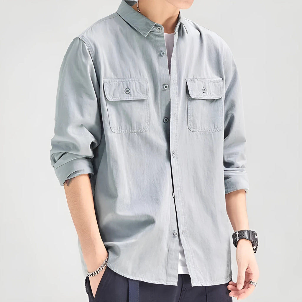 Men's loose long sleeve cardigan overalls in light grey polyester fabric.