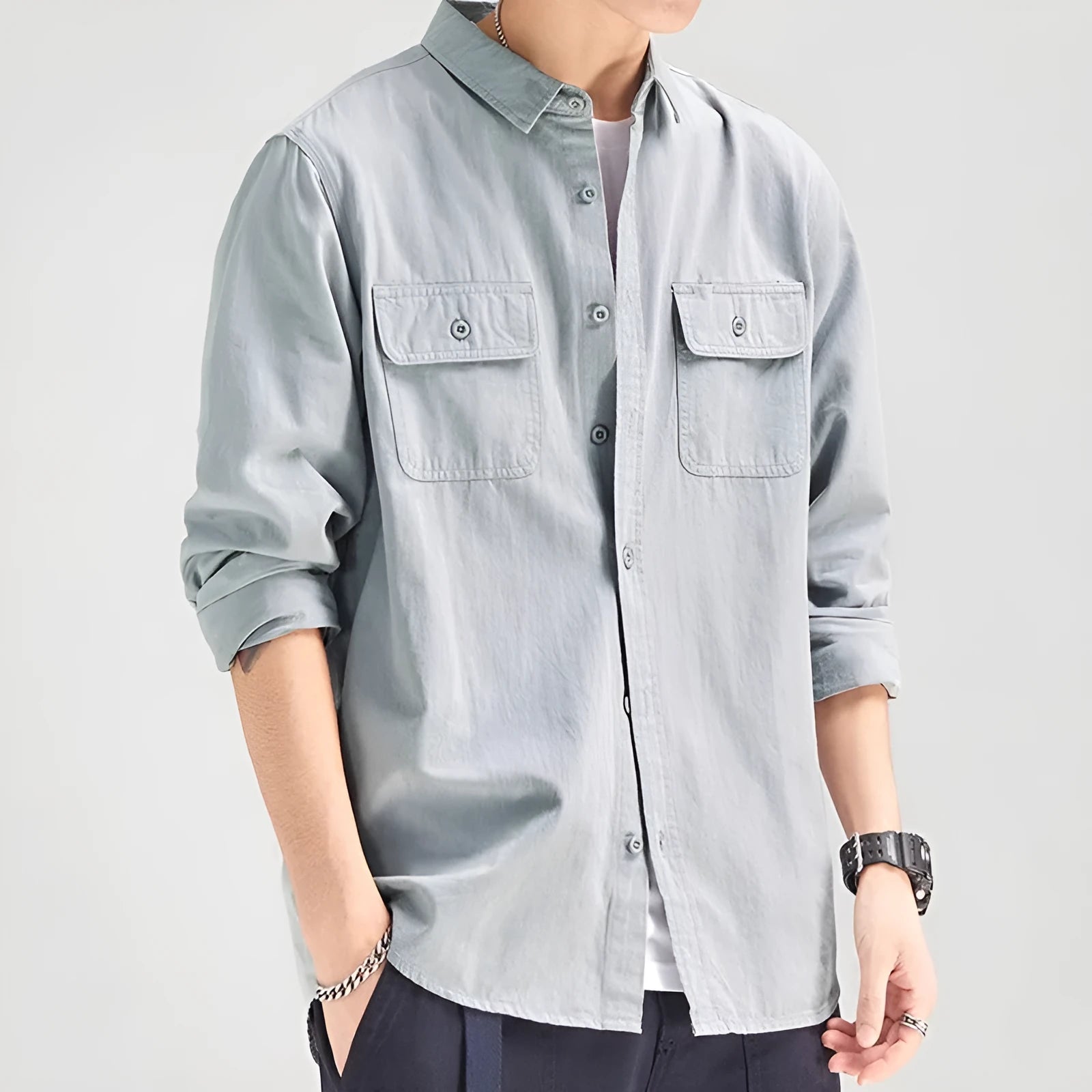 Men's loose long sleeve cardigan overalls in light grey polyester fabric.