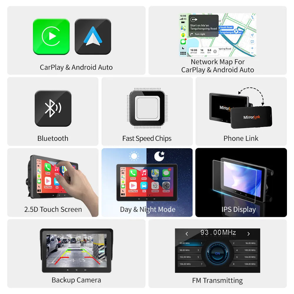 7-inch wireless CarPlay car display with suction cup mount and cigarette lighter connection