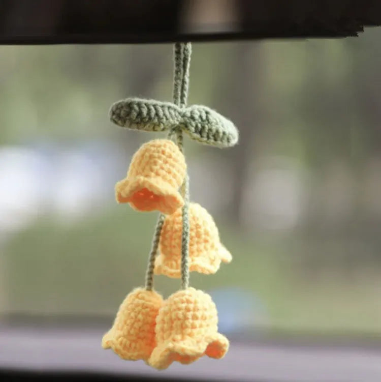 Green and white knitted wool car plant decoration hanging from 25cm white rope