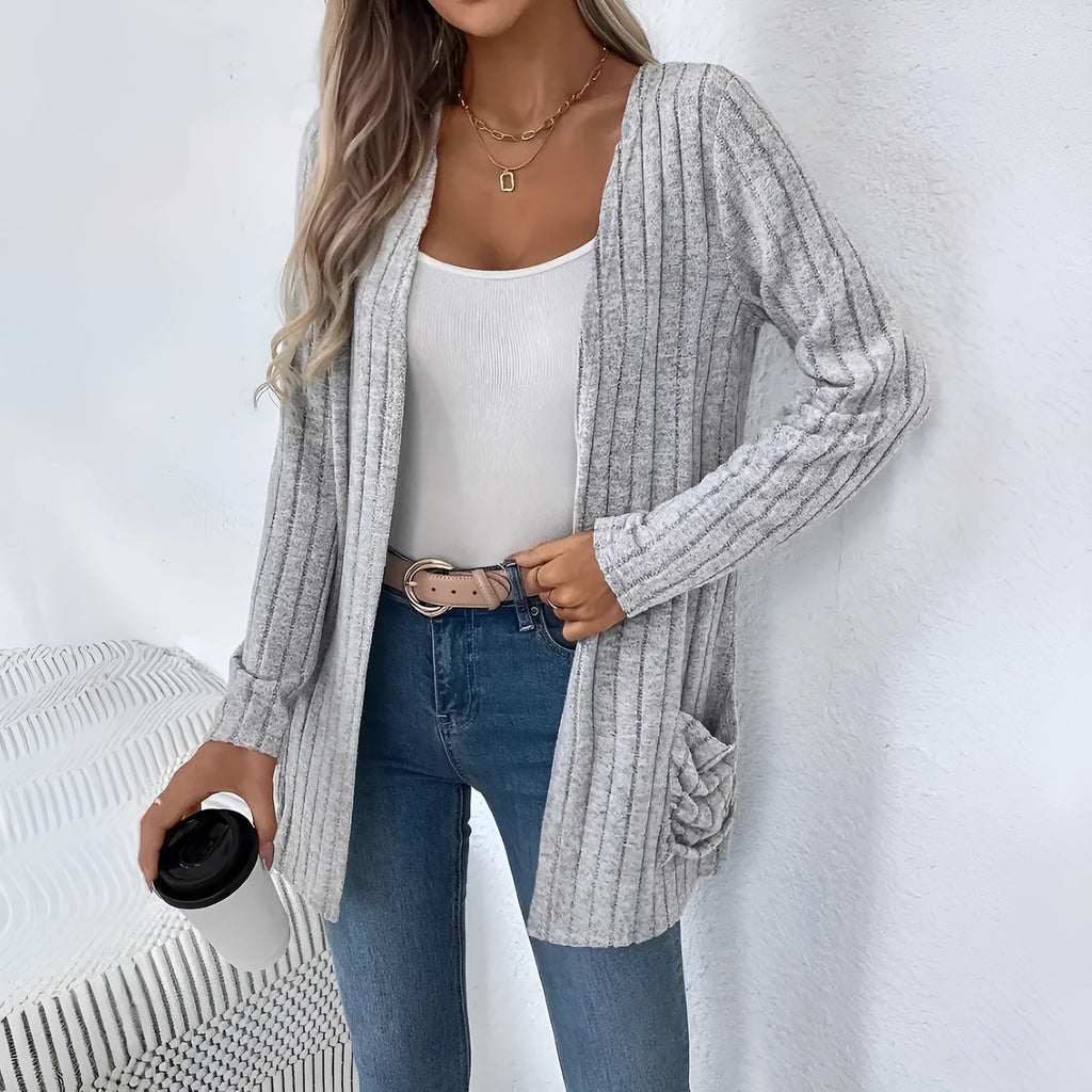 Solid colour long sleeve cardigan in loose fit design available in black and granny grey colours