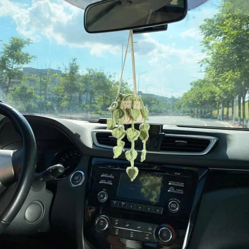 Green and white knitted wool car plant decoration hanging from 25cm white rope
