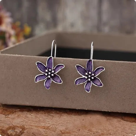 Purple flower retro alloy drop earrings with silver-tone electroplated finish