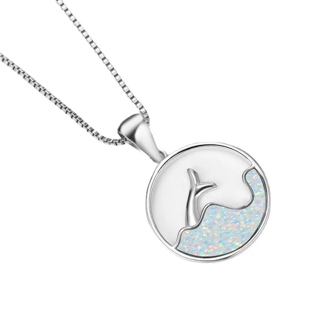 White gold electroplated copper necklace with geometric sea fishtail pendant and round opal accents