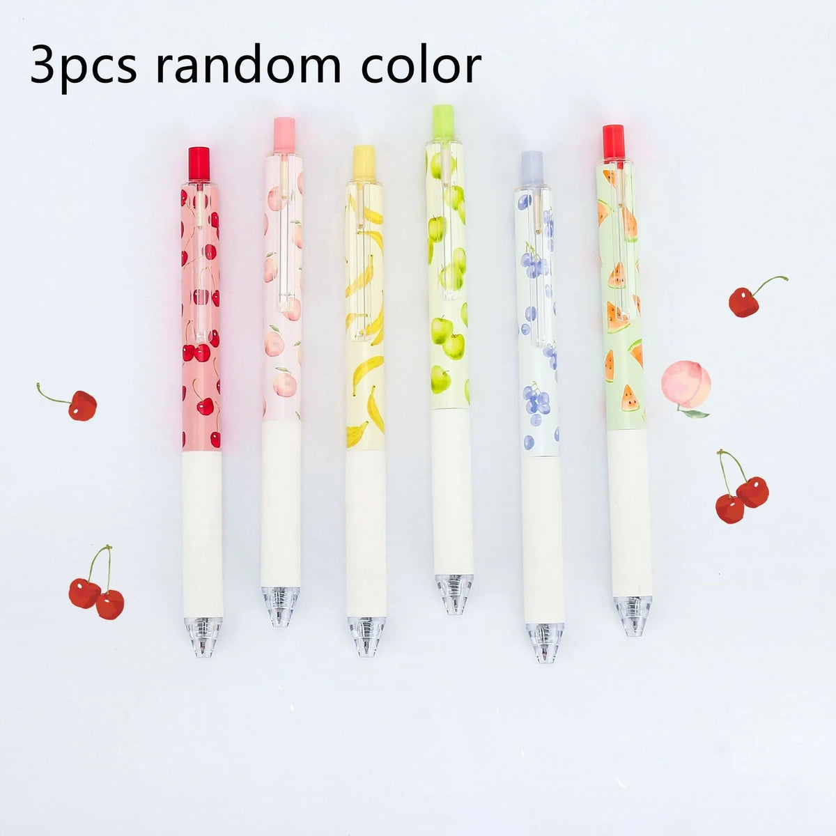 Three fruit-scented pressurised pens with 0.5mm quick-drying refills in random assortment
