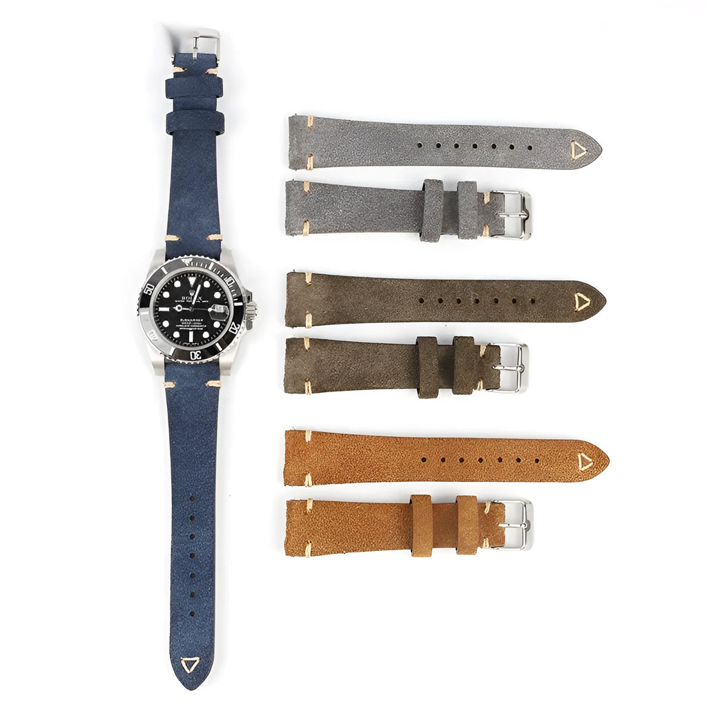 Genuine suede leather watch strap showing texture detail in available colours