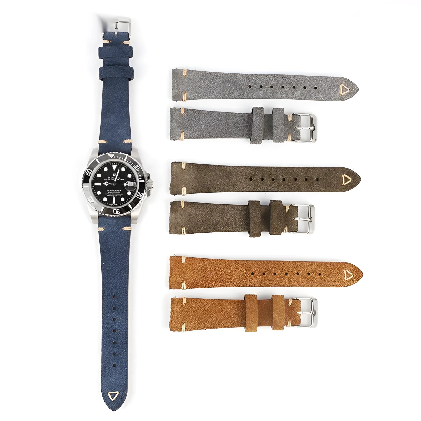 Genuine suede leather watch strap showing texture detail in available colours