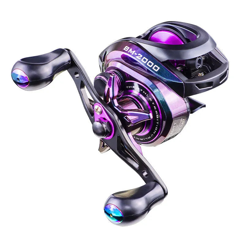 Colourful BM2000 baitcasting fishing reel with magnetic brake and water drop spool.