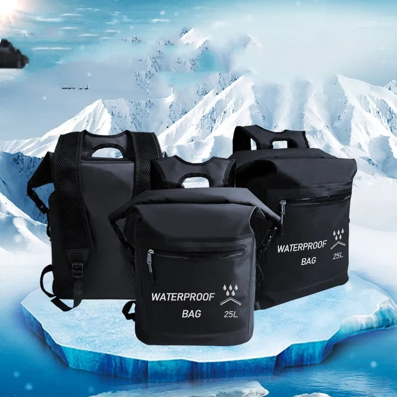 Black 25L waterproof backpack for outdoor water activities