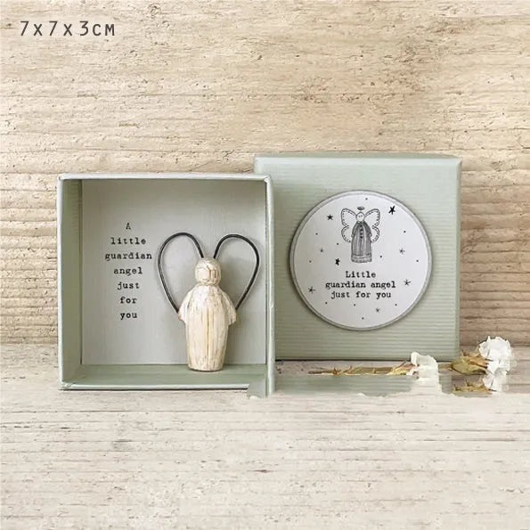 Boxed guardian angel resin ornament in modern cartoon style with gift box