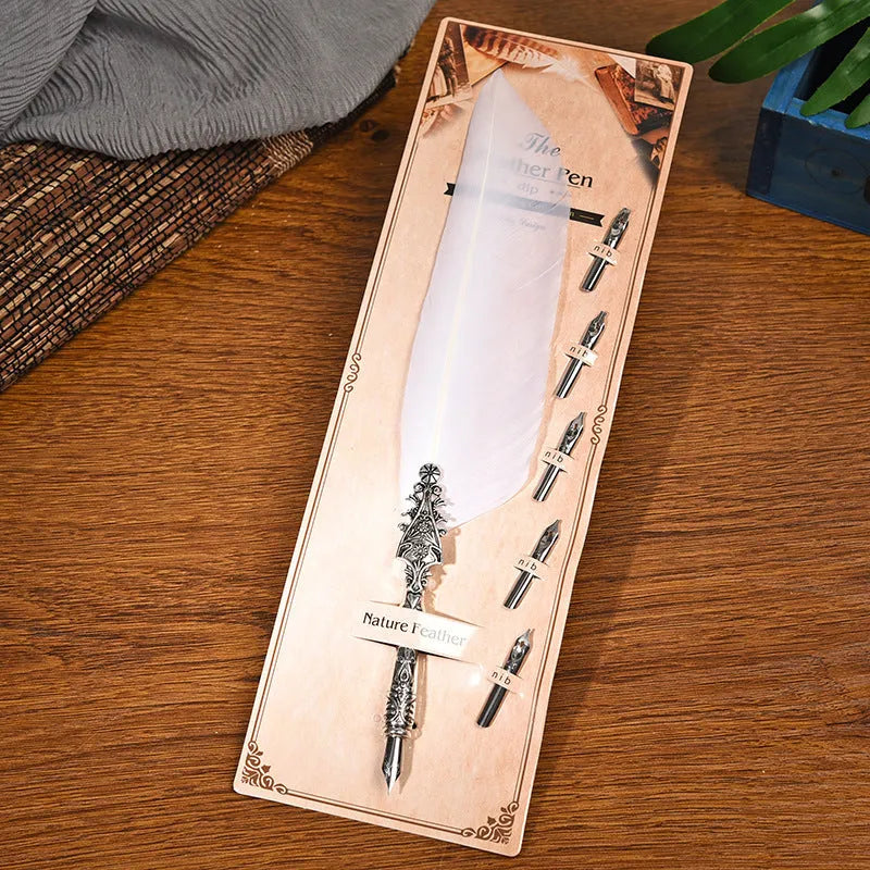 Vintage feather dip pen in 10 colours with zinc alloy construction and 30cm length