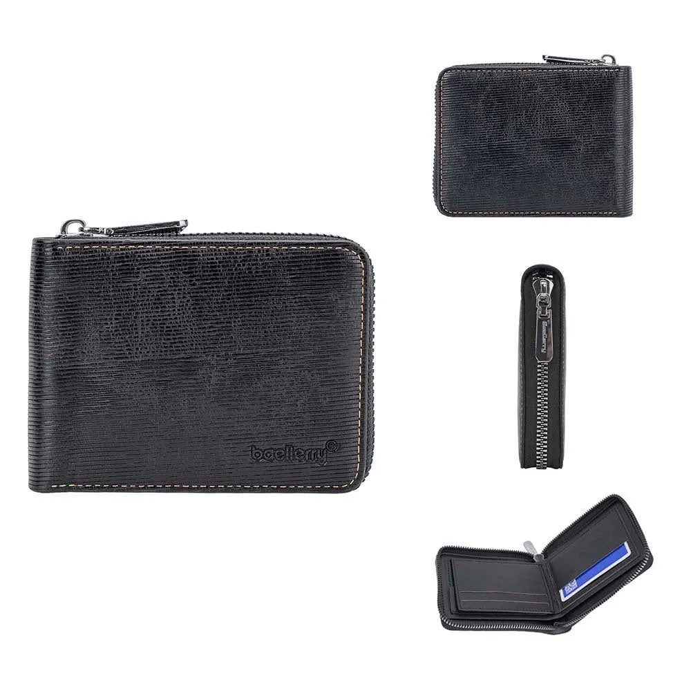 Black PU leather anti-theft zipper wallet with embossed pattern and extended card capacity