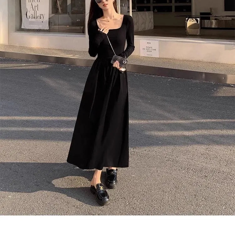 Women's black square collar knitted dress with elastic waist and A-line long skirt