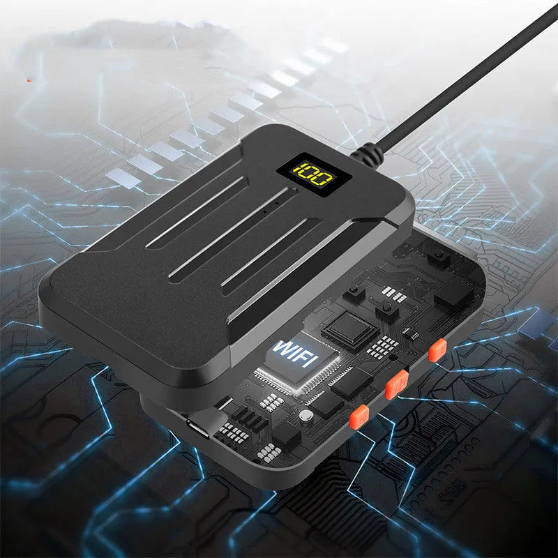 F300 wireless dual lens endoscope camera with 5.5mm and 8mm probes, hook, and magnet attachments on a table.