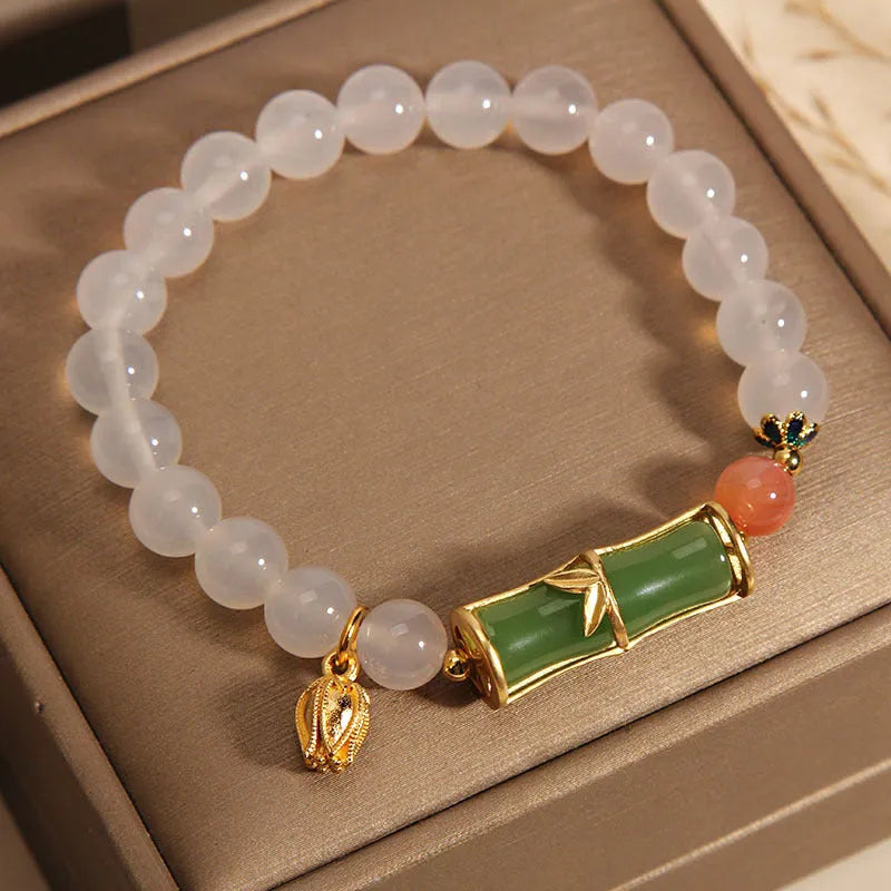 White agate jasper Chinese bamboo beaded bracelet with natural jade construction for women