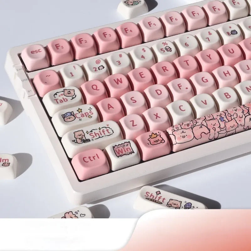 Pink PBT keyboard key cap with a colourful fragrant pig design on the top and sides.