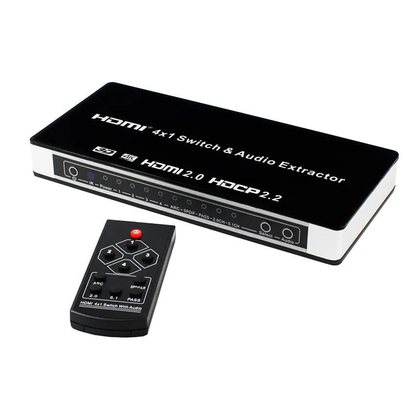 Black 4-in 1-out HDMI audio extractor switch with remote control on a dark surface.