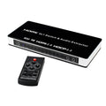 Black 4-in 1-out HDMI audio extractor switch with remote control on a dark surface.