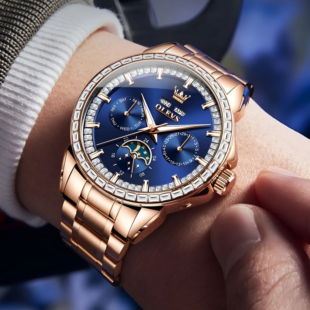 Men's automatic mechanical watch with diamond dial on stainless steel bracelet