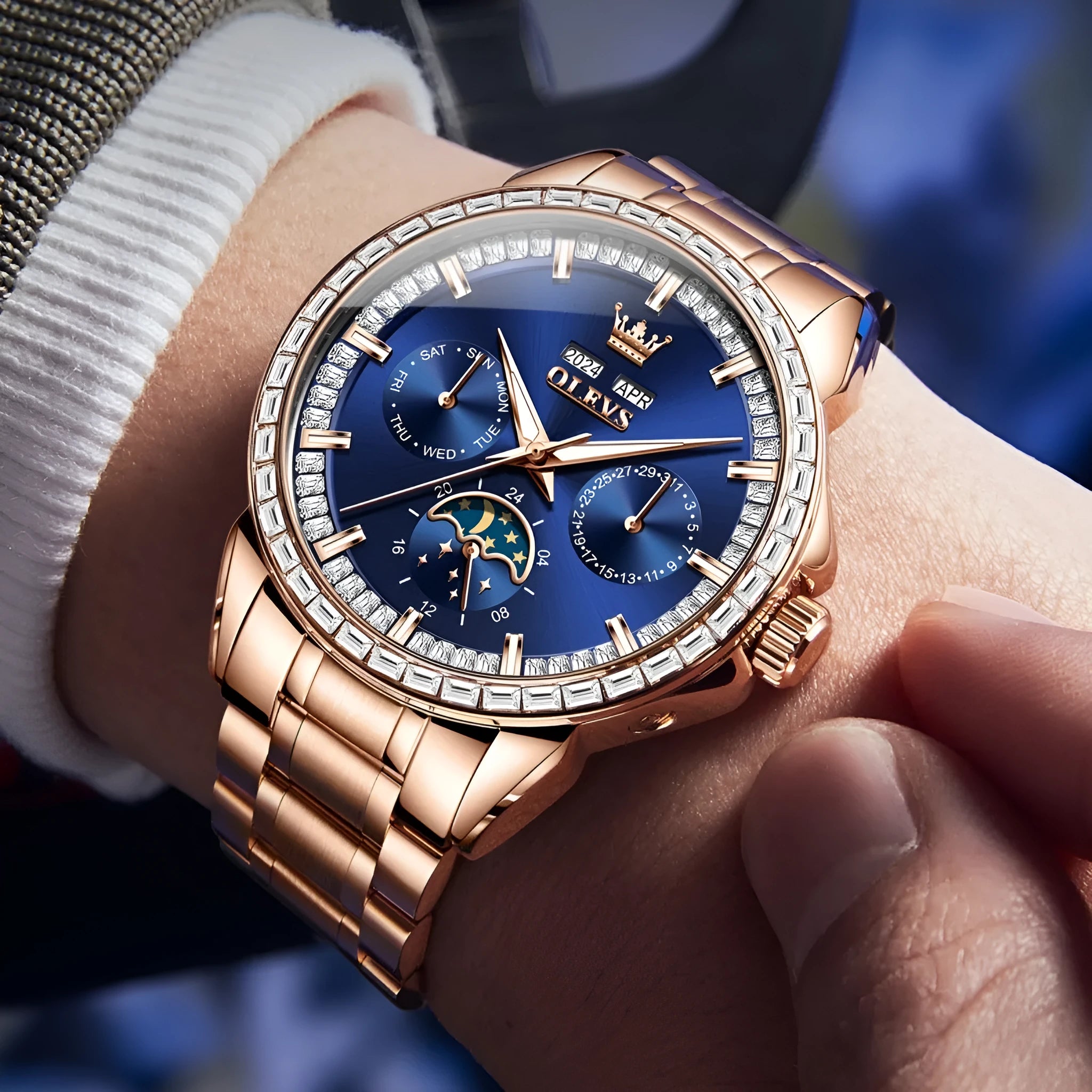 Men's automatic mechanical watch with diamond dial on stainless steel bracelet