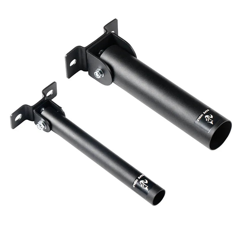 Steel wall-mounted rack holding multiple vertical barbell rods on a garage wall.