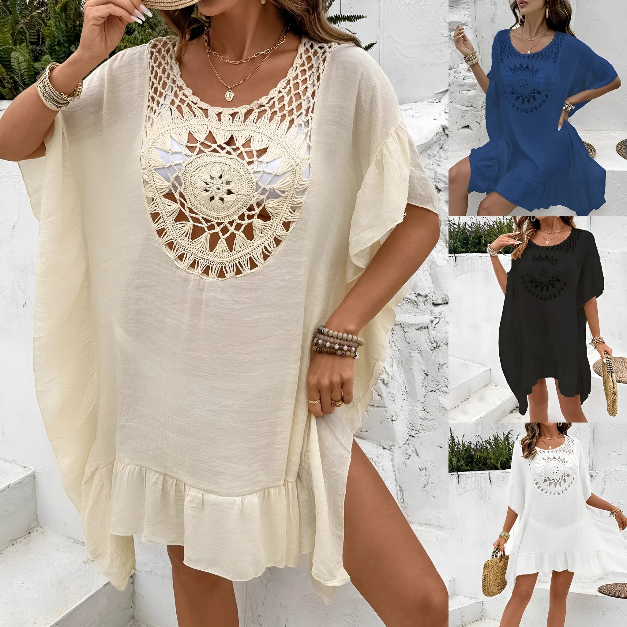 Beach dress swimsuit with crochet stitch patchwork skirt and tassel detail in apricot colour.