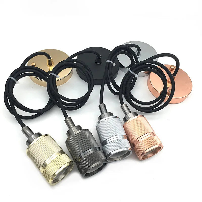 DIY retro ceiling light chandelier assembly kit components showing braided cord and electroplated lamp holder