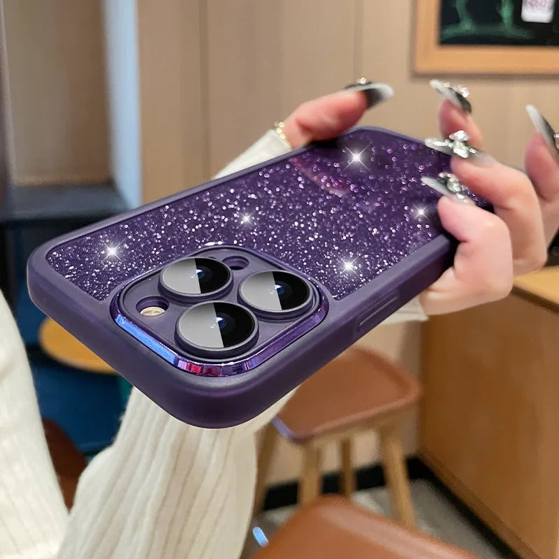 Transparent glitter gradient iPhone case with magnetic suction on a smartphone.