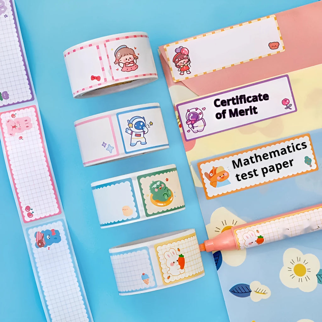 Roll of colourful cartoon message index stickers showing dinosaur, astronaut, rabbit, and girl designs.