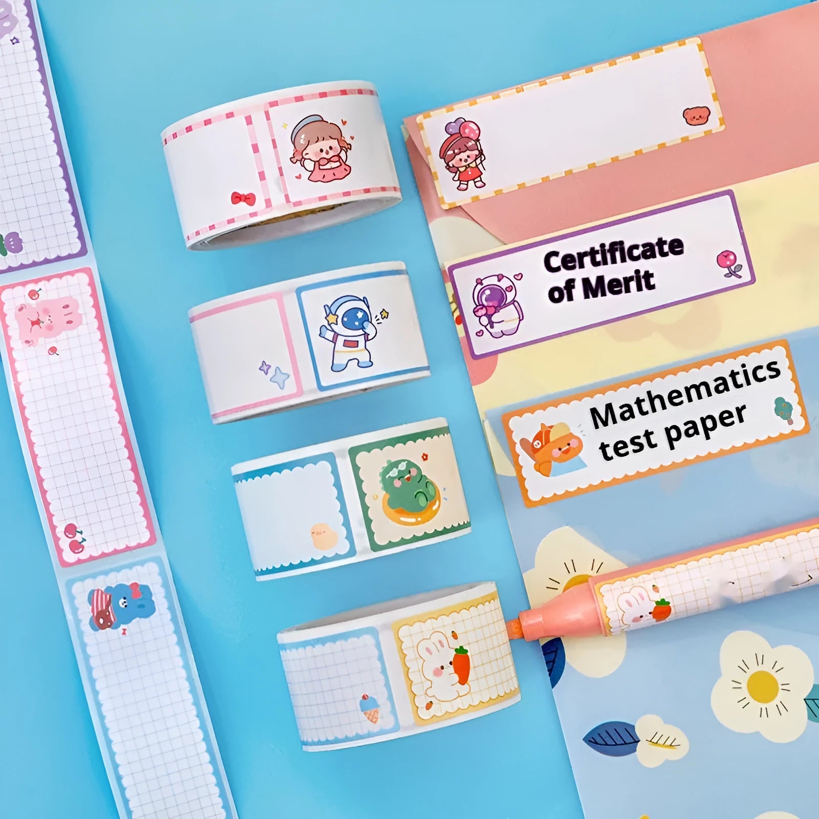 Roll of colourful cartoon message index stickers showing dinosaur, astronaut, rabbit, and girl designs.