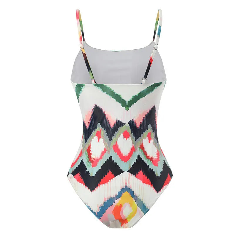 Women's two-piece swimsuit with detachable high-waist hip skirt in striped pattern