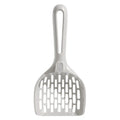 Grey plastic cat litter scoop with anti-slip handle sitting on its matching plastic base tray.