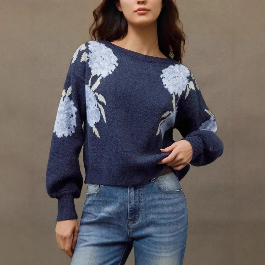 Sapphire Blue women's pullover with flower jacquard pattern and loose casual design