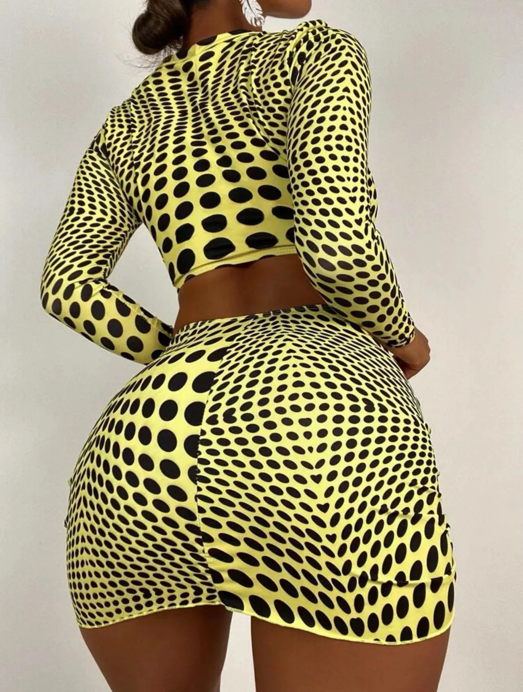 Women's green polka dot three-piece swimsuit set with skirt and padded bikini top