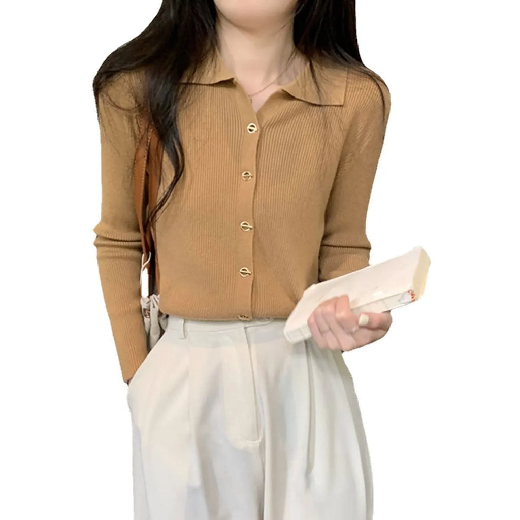 Women's beige loose-fit long-sleeved knitted cardigan top made from viscose fibre.