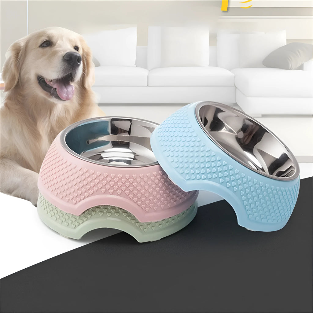 Set of four stainless steel pet bowls with non-slip bases in blue, green, and pink colours