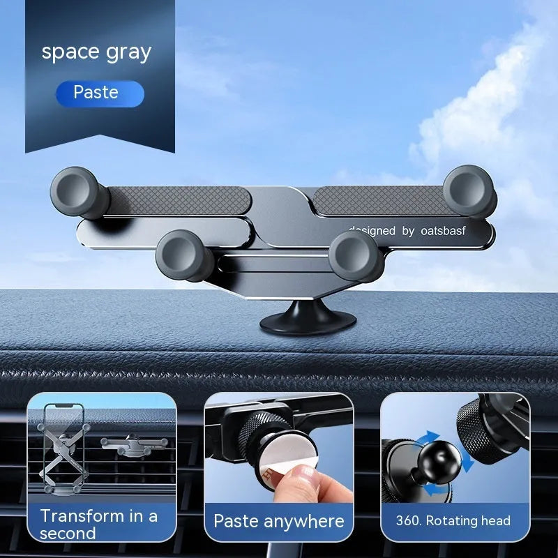 Car mobile phone holder with invisible alloy bracket for air vent or adhesive mounting in black, silver, or grey