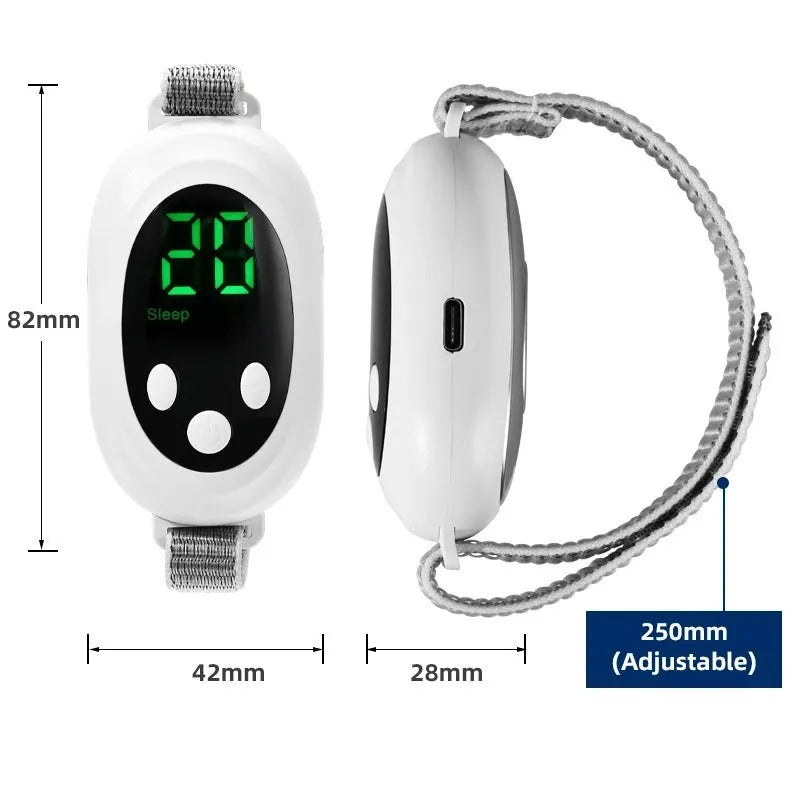 White sleep bracelet insomnia aid device with handheld remote control showing intensity adjustment buttons