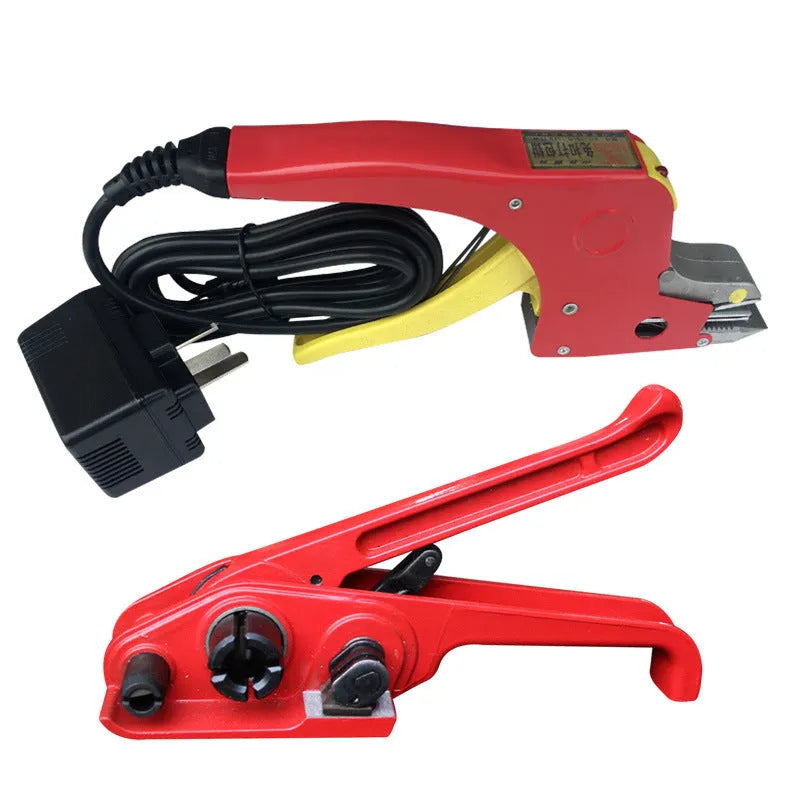 Electric hot melt packing machine kit with yellow tape and plastic steel tensioner, showing UK plug.