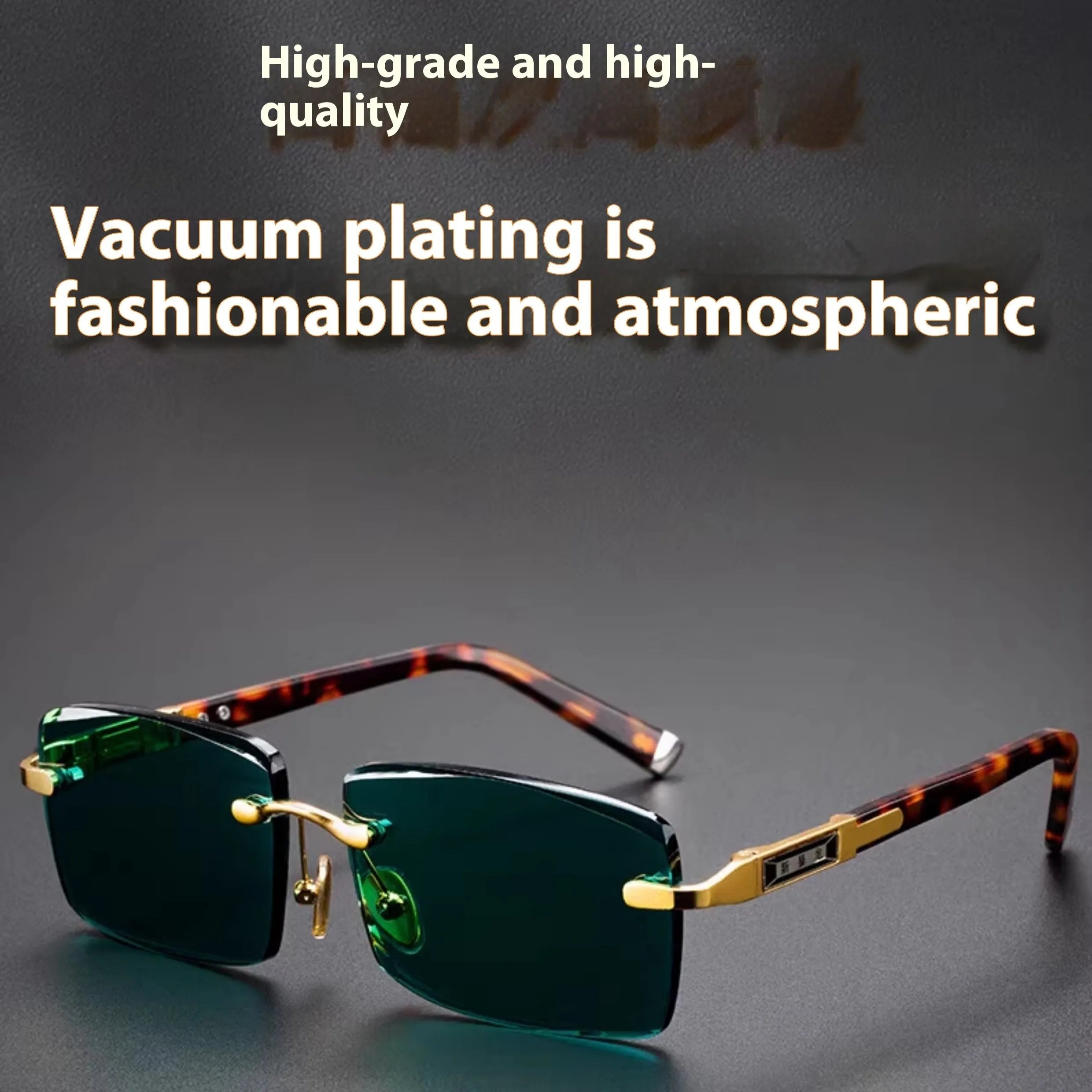 Dark green frameless crystal sunglasses inside a hard case with a cleaning cloth.