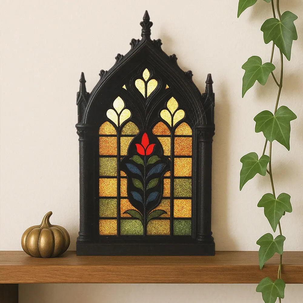Black Gothic style wooden wall-mounted storage rack decoration on a plain wall.