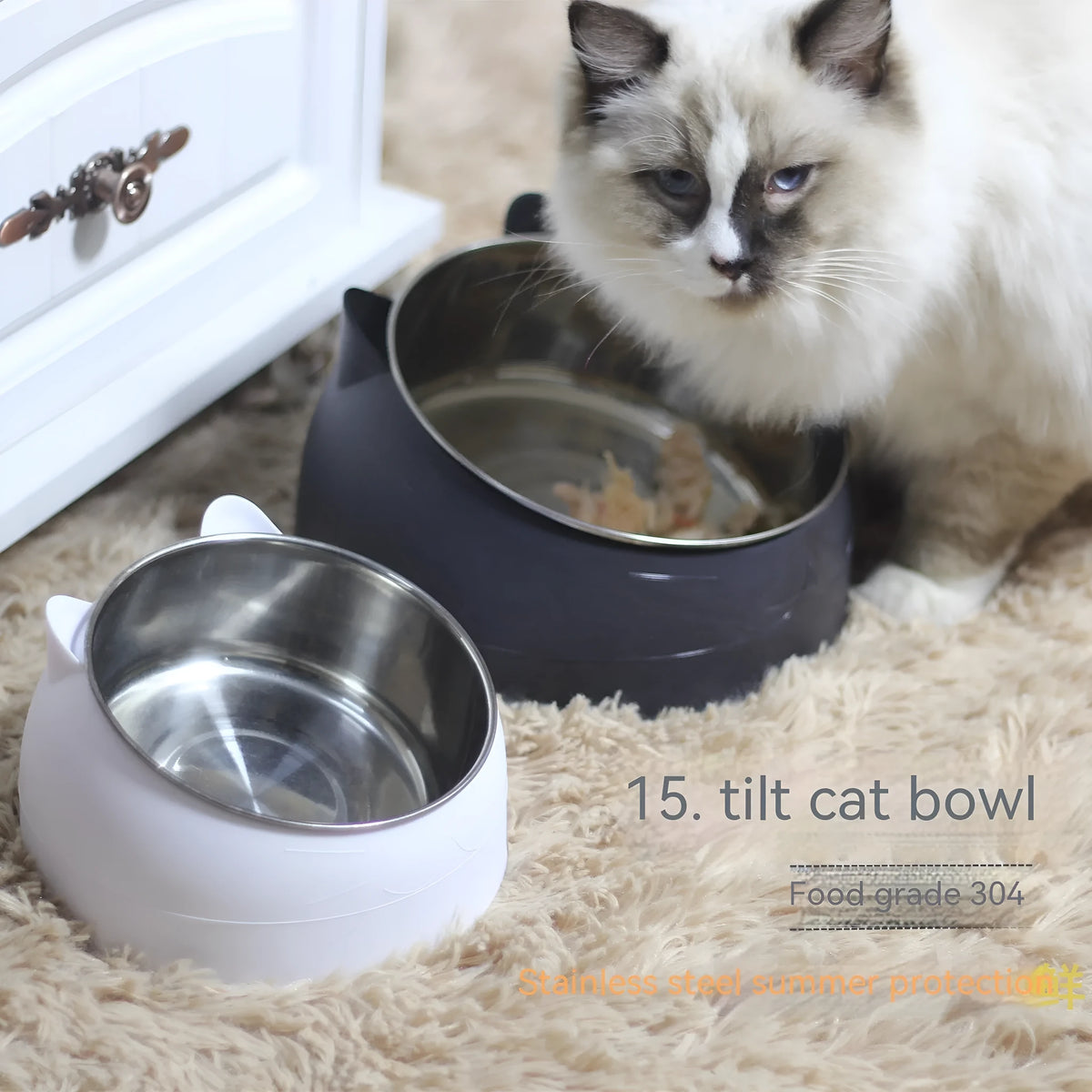 Stainless steel cat bowl with oblique mouth, 200ml or 400ml, in seven colours including green, blue, black and white