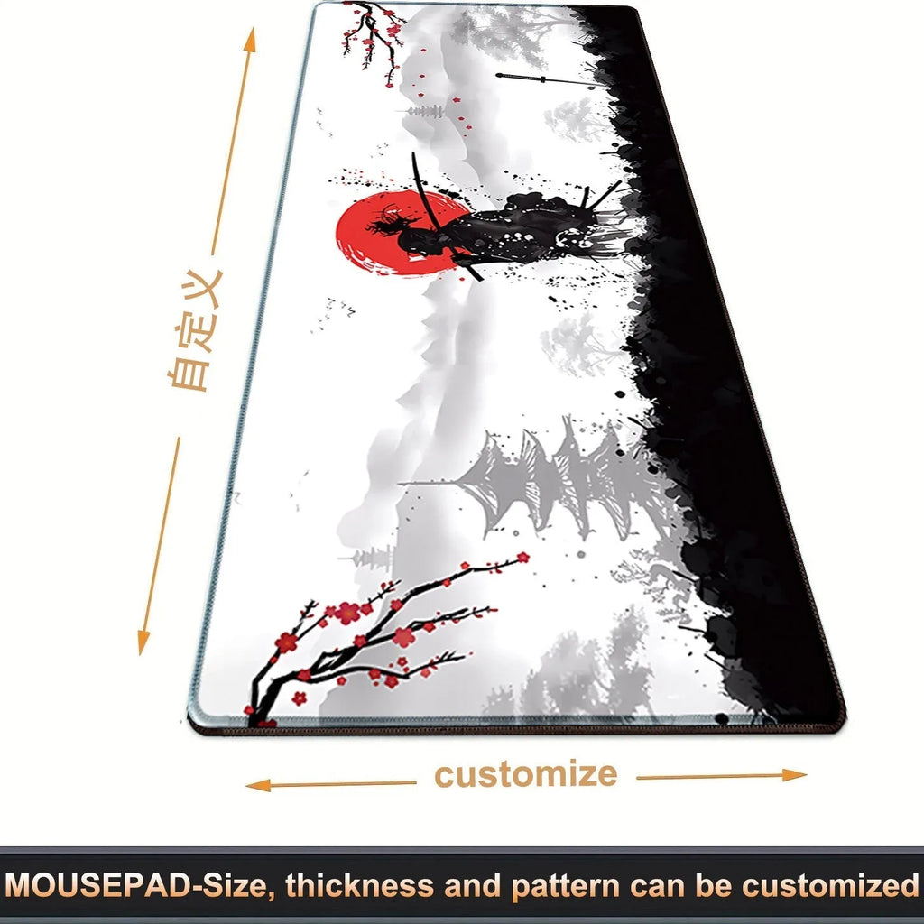 Japanese Samurai design gaming mouse pad on desk with non-slip rubber base